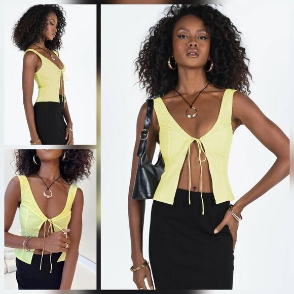 Princess Polly Little Lambs Lemon Yellow Tie-Front Sleeveless Top Lace Detail Sz - Picture 1 of 6